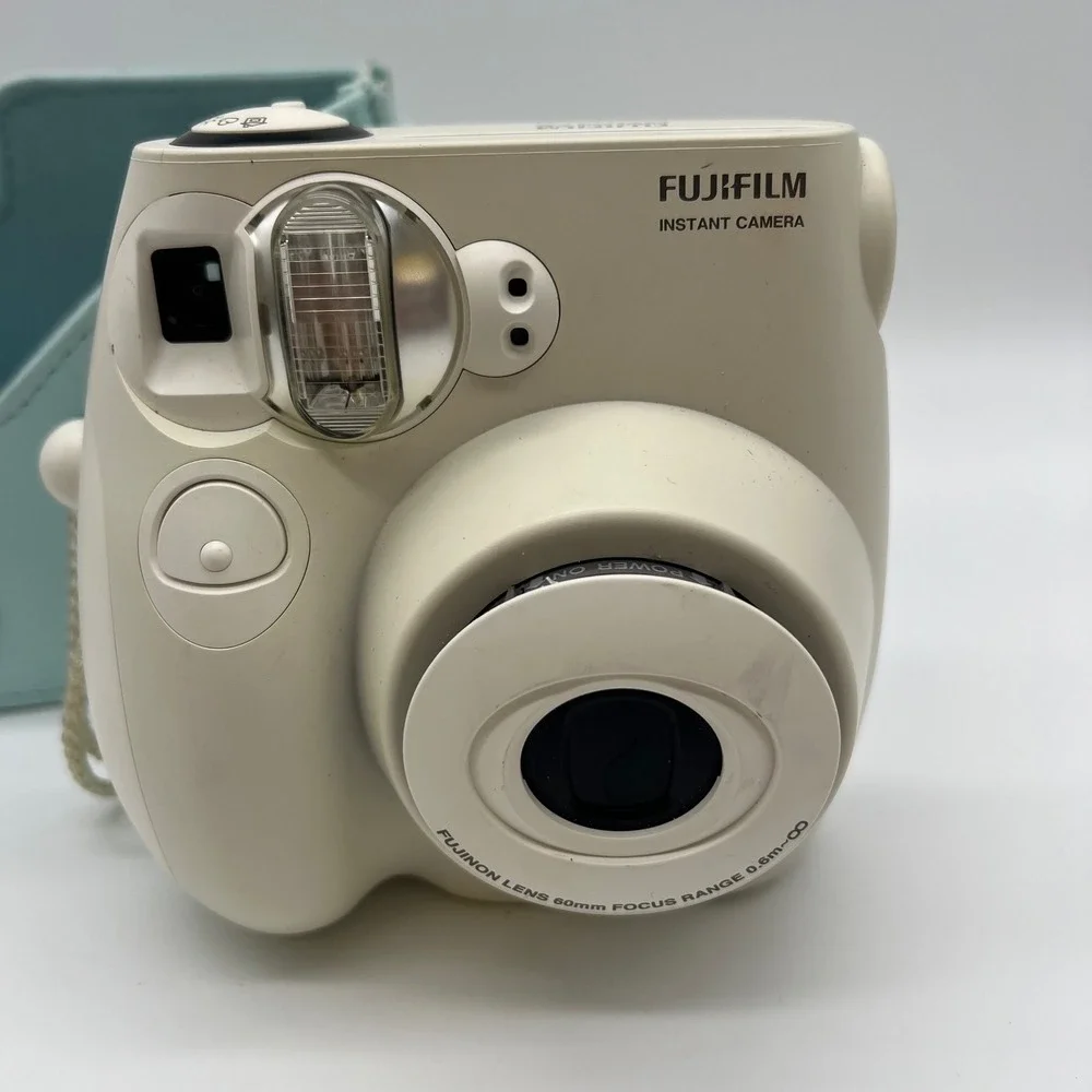 Fujifilm Instax Mini 7S Instant Camera Off White Wrist Strap with Blue Case Y2K
